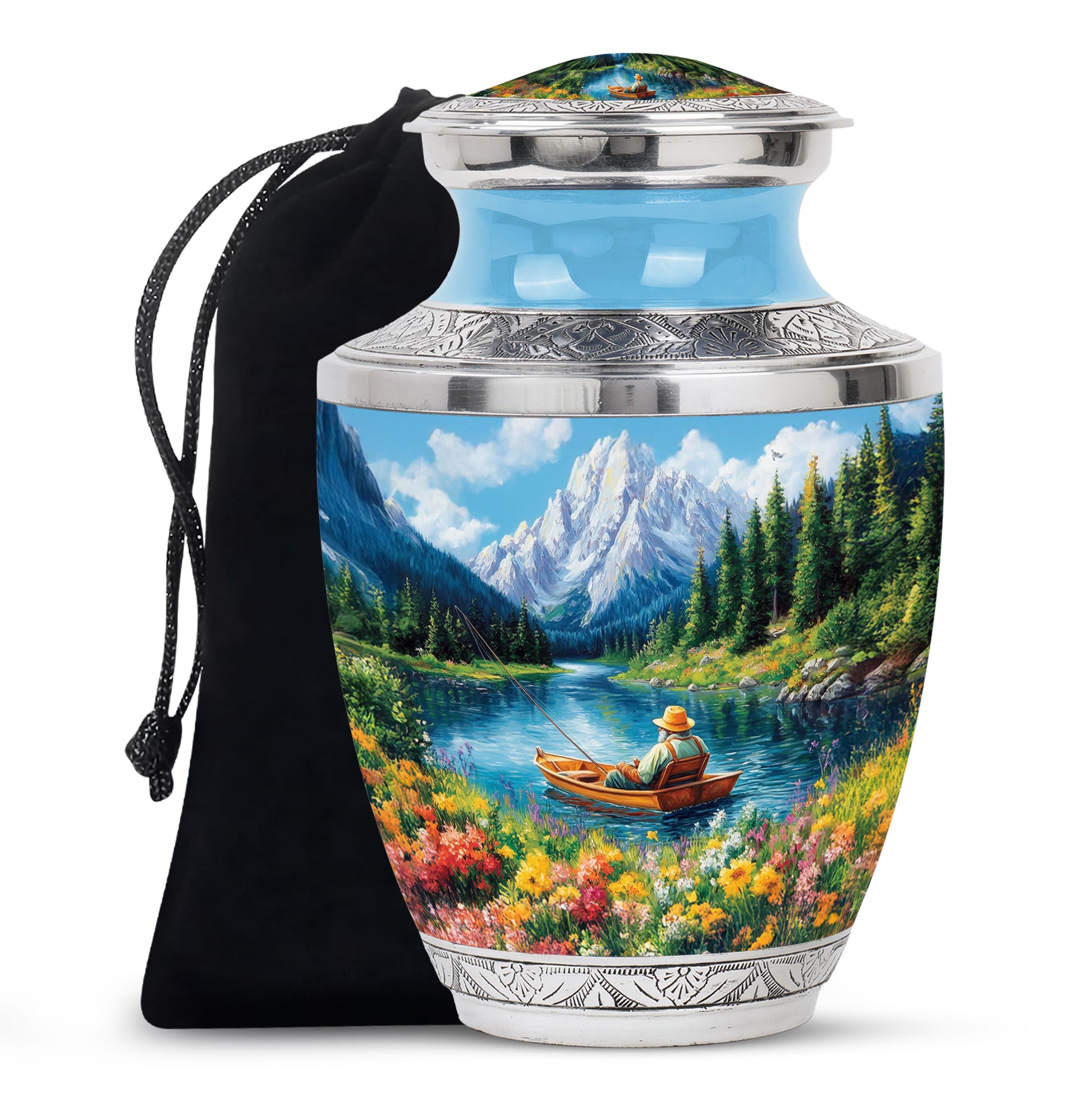 Powder Blue Fishing Cremation Urn side profile showing urn shape - contemporary fishing design with modern artistic flair - full-size 10 inch 200 cubic inch adult cremation urn