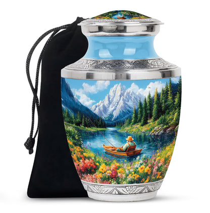 Powder Blue Fishing Cremation Urn side profile showing urn shape - contemporary fishing design with modern artistic flair - full-size 10 inch 200 cubic inch adult cremation urn