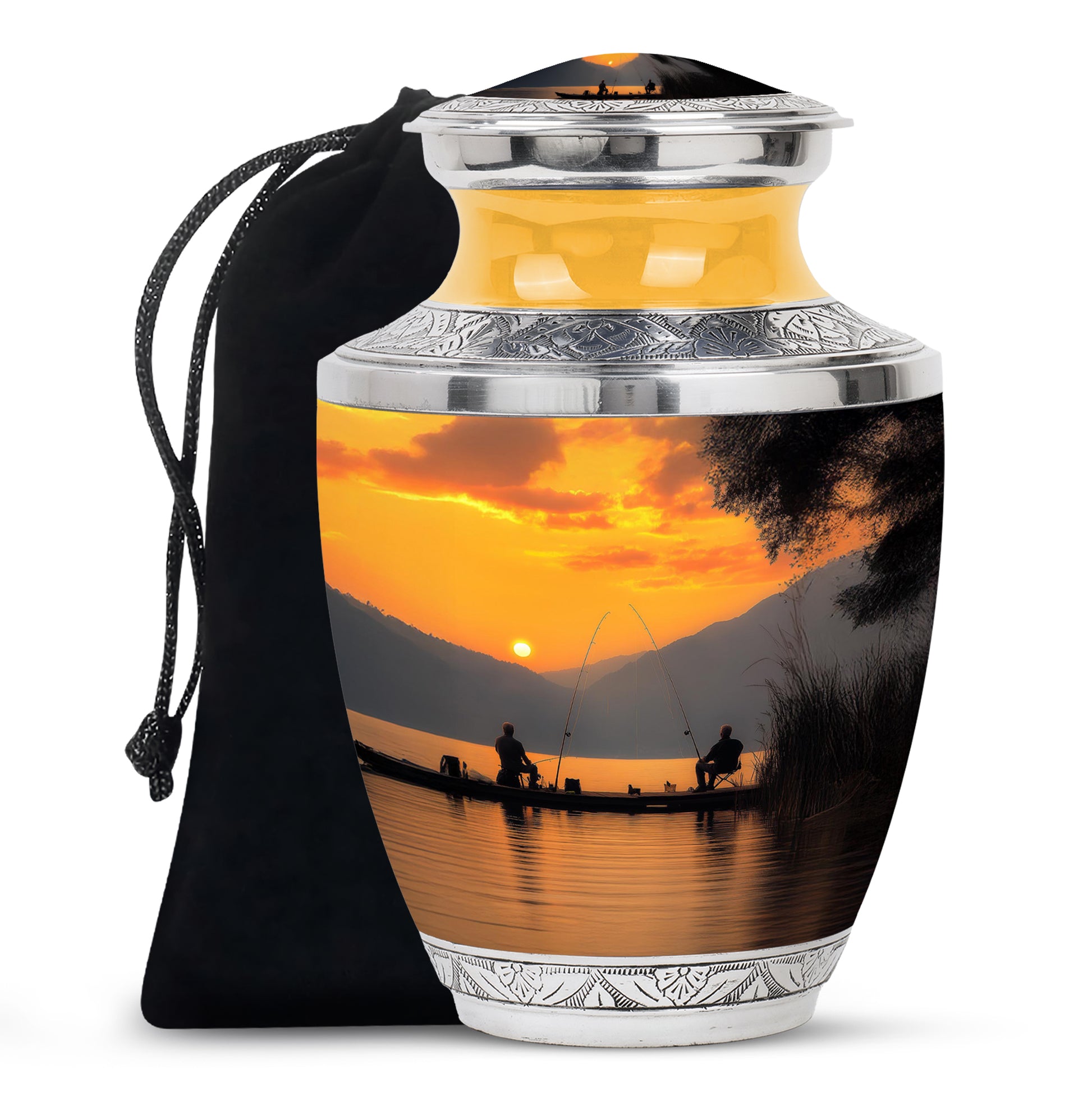 Champagne Gold Fishing Cremation Urn side profile showing urn shape - modern art-inspired fishing motif on sleek aluminum - full-size 10 inch 200 cubic inch adult cremation urn