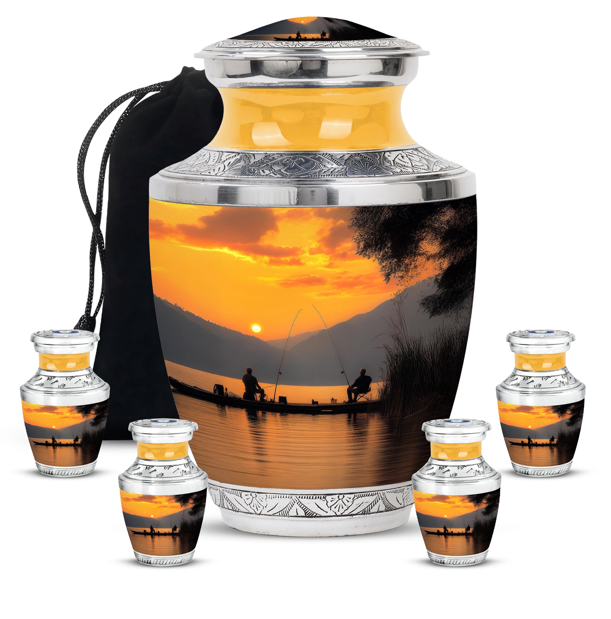 Sunrise Gold Fishing Cremation Urn lifestyle display on memorial shelf - modern art-inspired fishing motif on sleek aluminum - memorial set with one large and four small urns