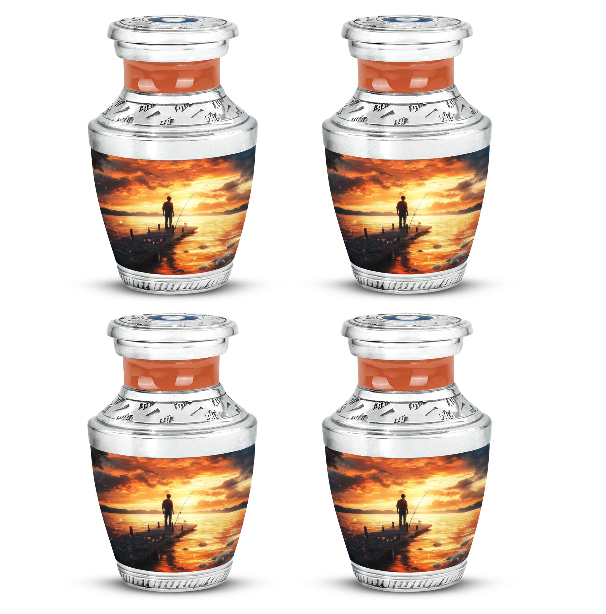 Royal Gold Fishing Cremation Urn back view with polished surface - stylized abstract fishing pattern with bold lines - 10 inch aluminum urn for cremated remains