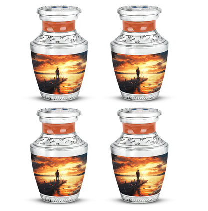 Royal Gold Fishing Cremation Urn back view with polished surface - stylized abstract fishing pattern with bold lines - 10 inch aluminum urn for cremated remains