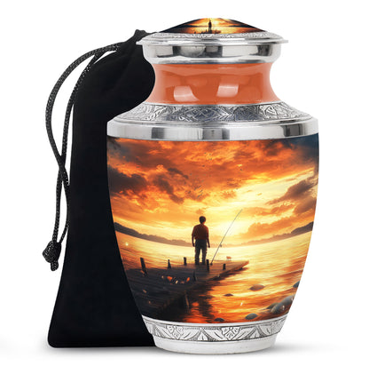 Warm Gold Fishing Cremation Urn side profile showing urn shape - stylized abstract fishing pattern with bold lines - full-size 10 inch 200 cubic inch adult cremation urn