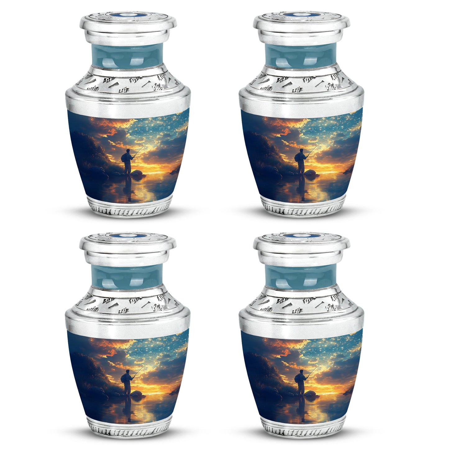 Calming Blue Fishing Cremation Urn back view with polished surface - artistic fishing interpretation with creative detail - 10 inch aluminum urn for cremated remains
