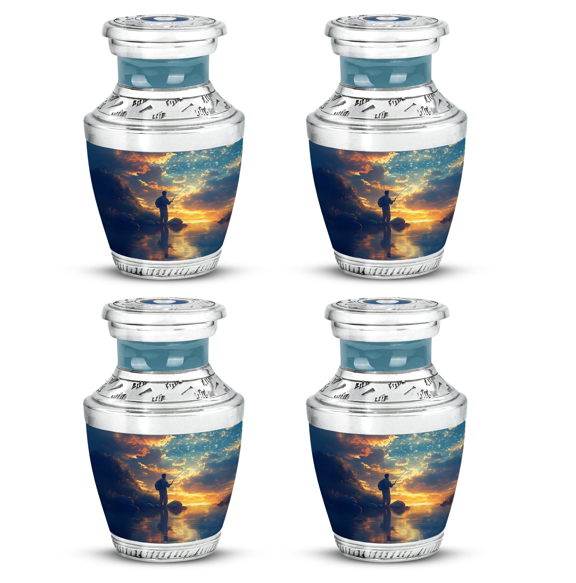 Calming Blue Fishing Cremation Urn back view with polished surface - artistic fishing interpretation with creative detail - 10 inch aluminum urn for cremated remains