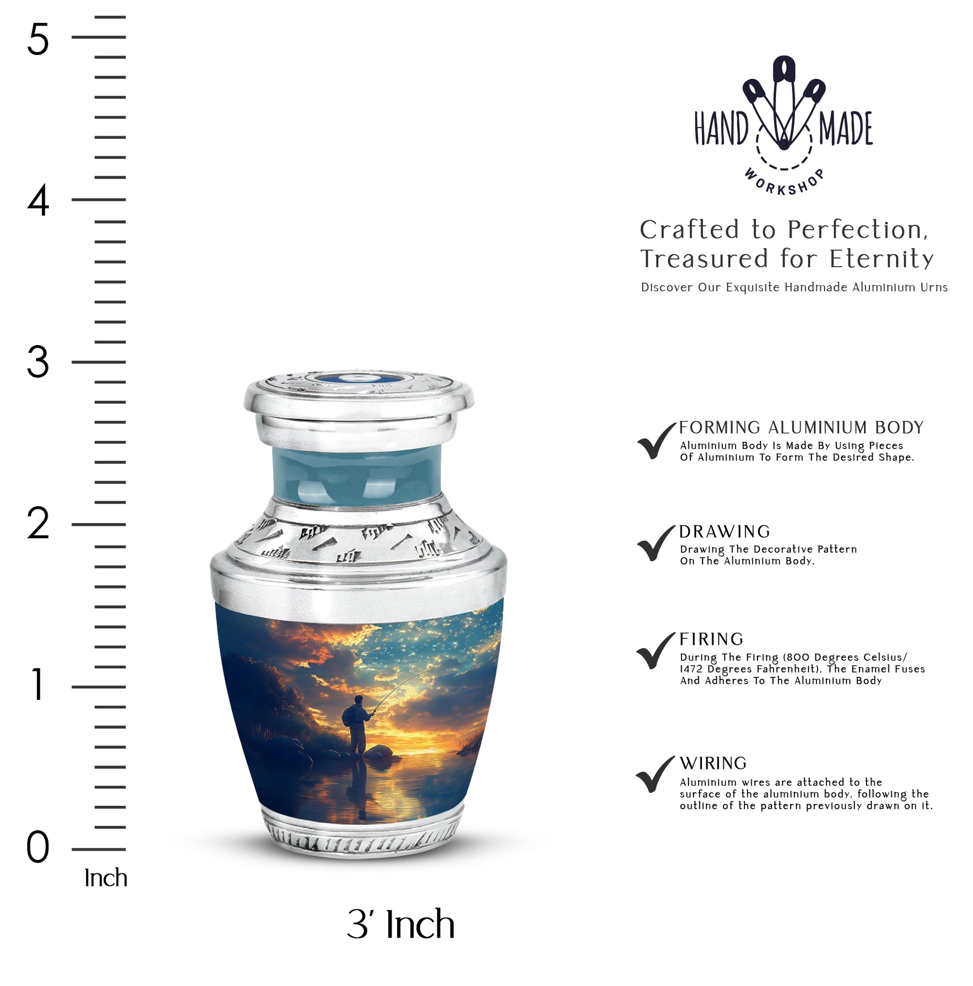 Royal Blue Fishing Cremation Urn top-down view of secure threaded lid - stylized abstract fishing pattern with bold lines - mini keepsake memorial for portion of cremation ashes
