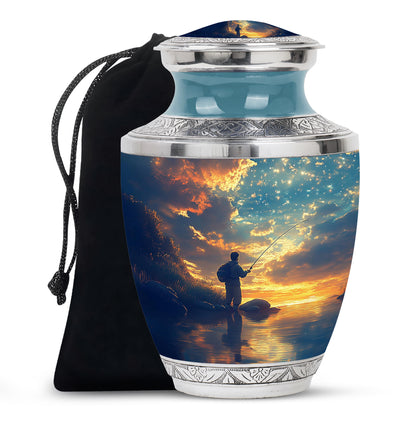 Bright Blue Fishing Cremation Urn side profile showing urn shape - artistic fishing interpretation with creative detail - full-size 10 inch 200 cubic inch adult cremation urn