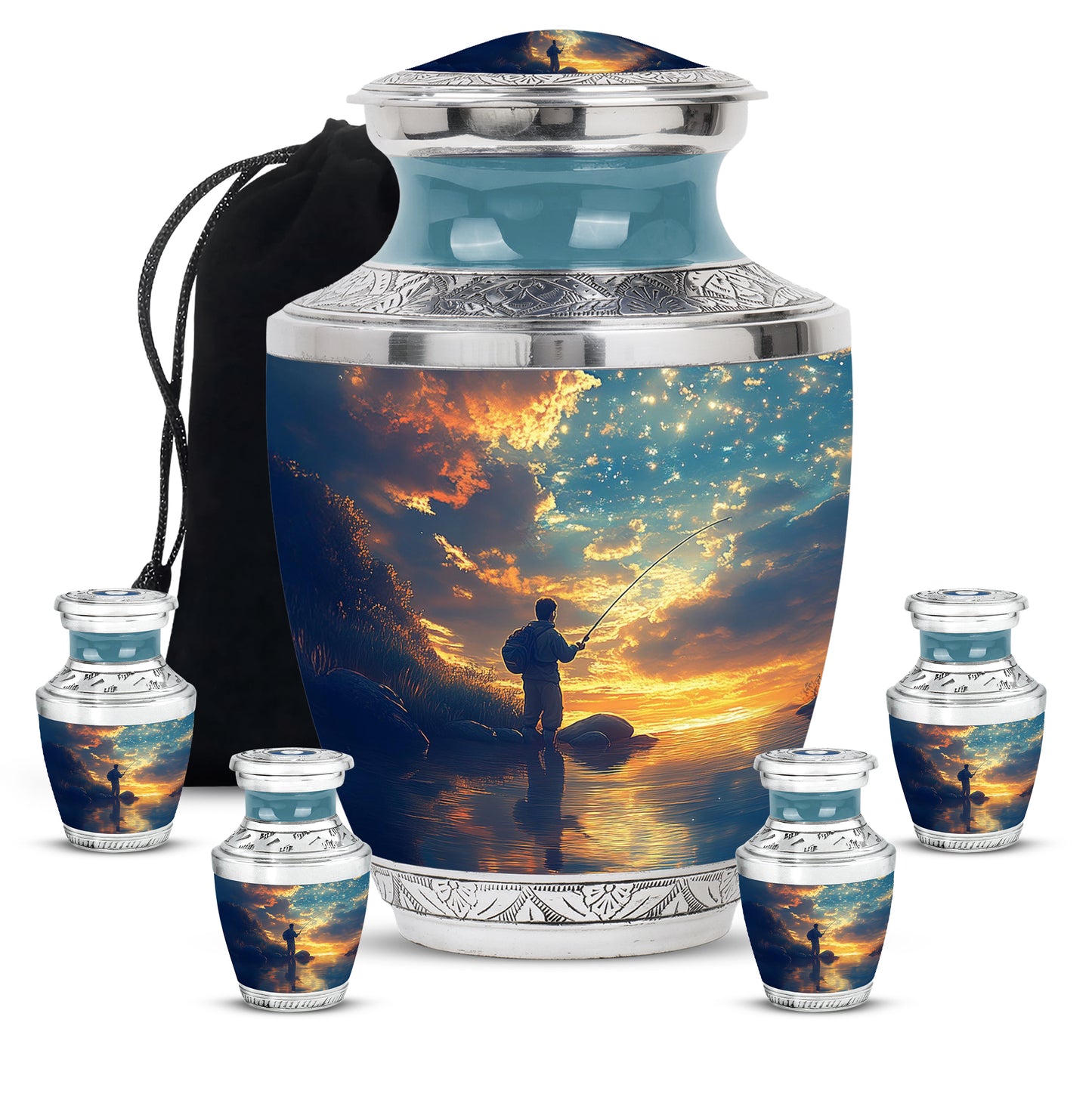 Cobalt Blue Fishing Cremation Urn lifestyle display on memorial shelf - stylized abstract fishing pattern with bold lines - memorial set with one large and four small urns