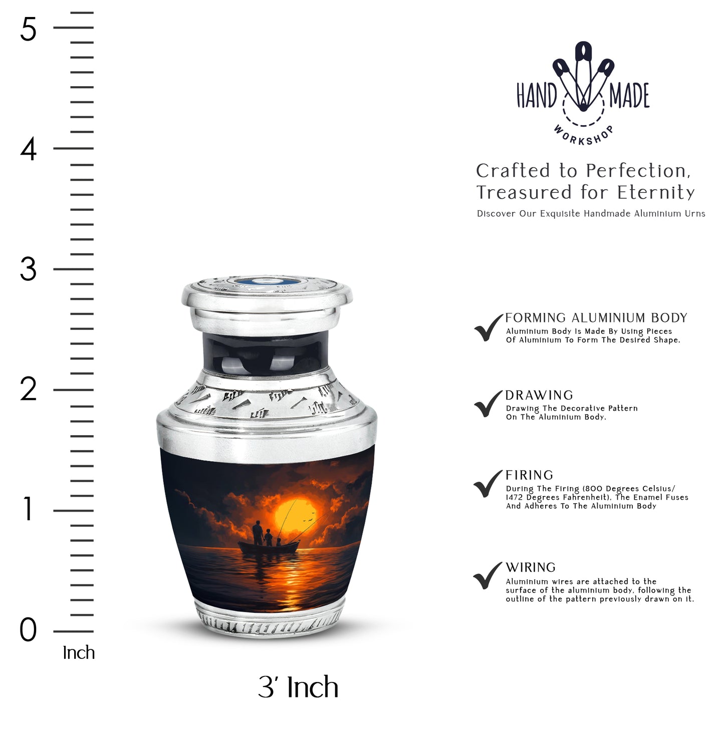 Slate Blue Fishing Cremation Urn top-down view of secure threaded lid - contemporary fishing design with modern artistic flair - mini keepsake memorial for portion of cremation ashes
