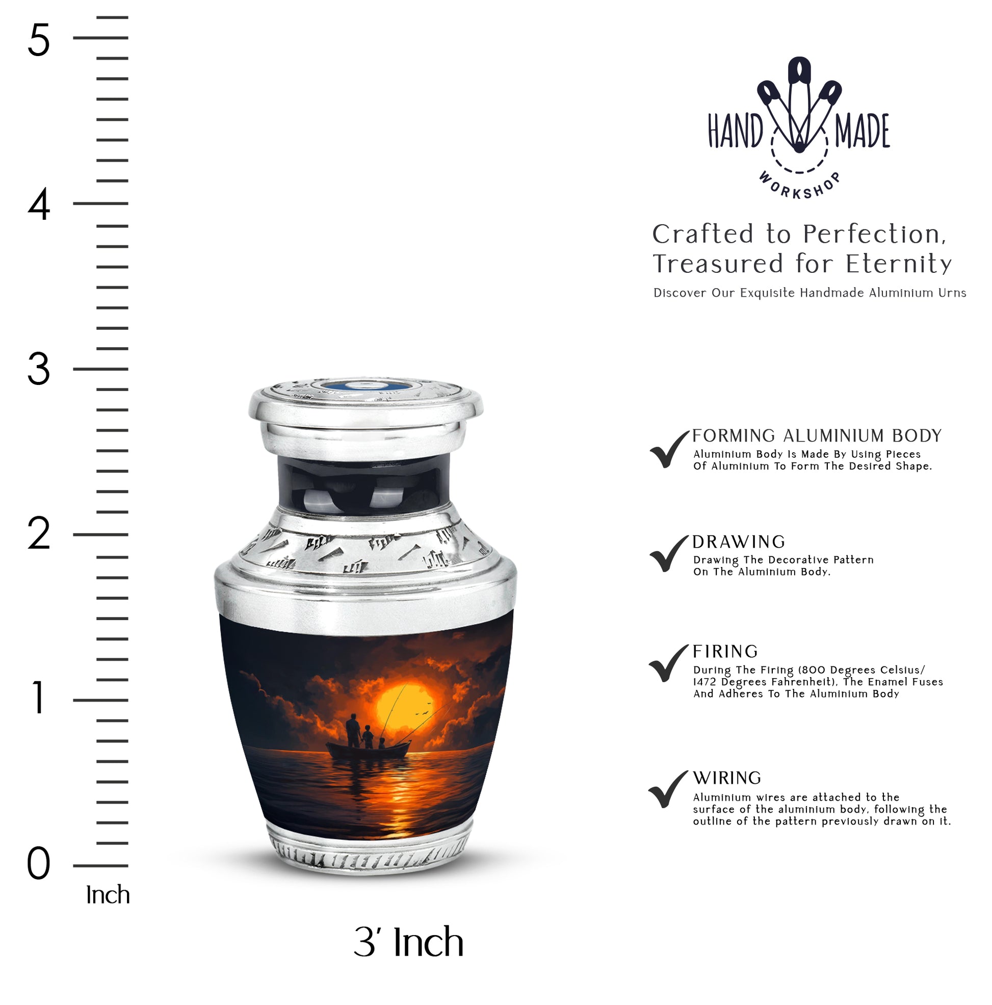 Slate Blue Fishing Cremation Urn top-down view of secure threaded lid - contemporary fishing design with modern artistic flair - mini keepsake memorial for portion of cremation ashes