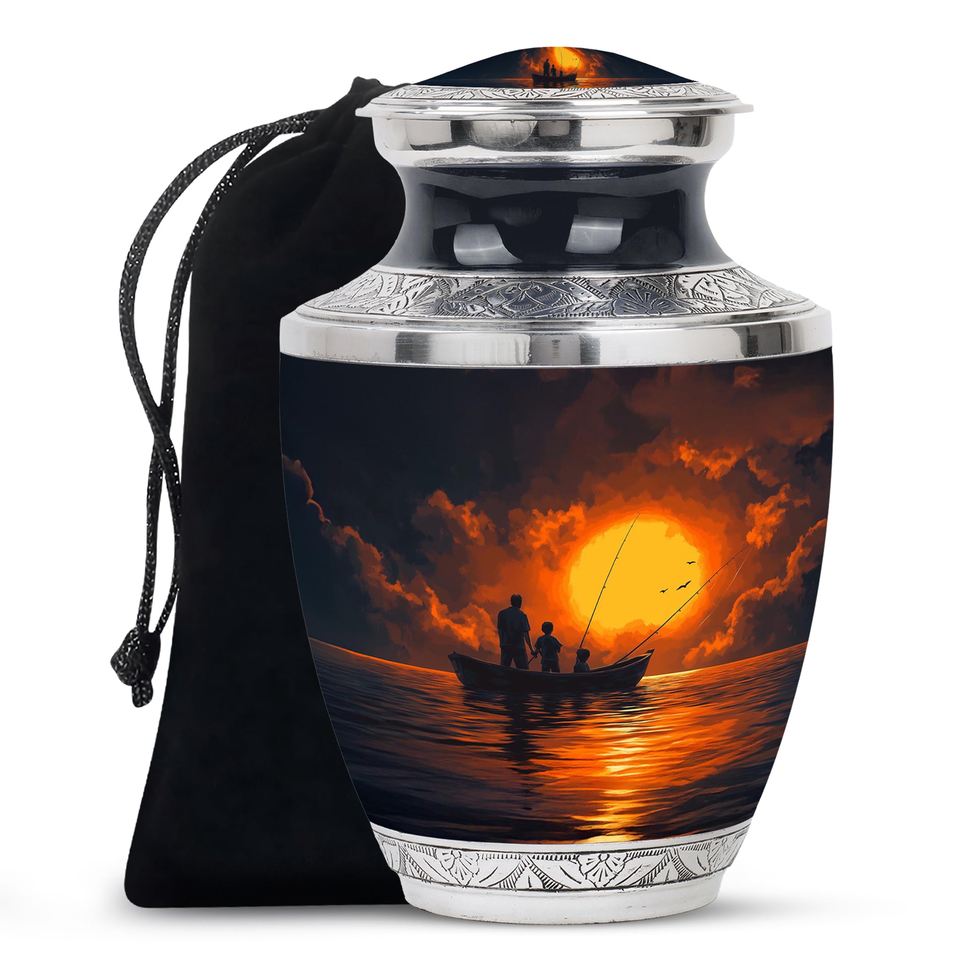 Sky Blue Fishing Cremation Urn side profile showing urn shape - contemporary fishing design with modern artistic flair - full-size 10 inch 200 cubic inch adult cremation urn