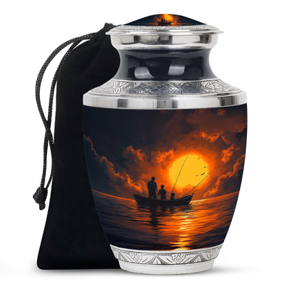 Sky Blue Fishing Cremation Urn side profile showing urn shape - contemporary fishing design with modern artistic flair - full-size 10 inch 200 cubic inch adult cremation urn