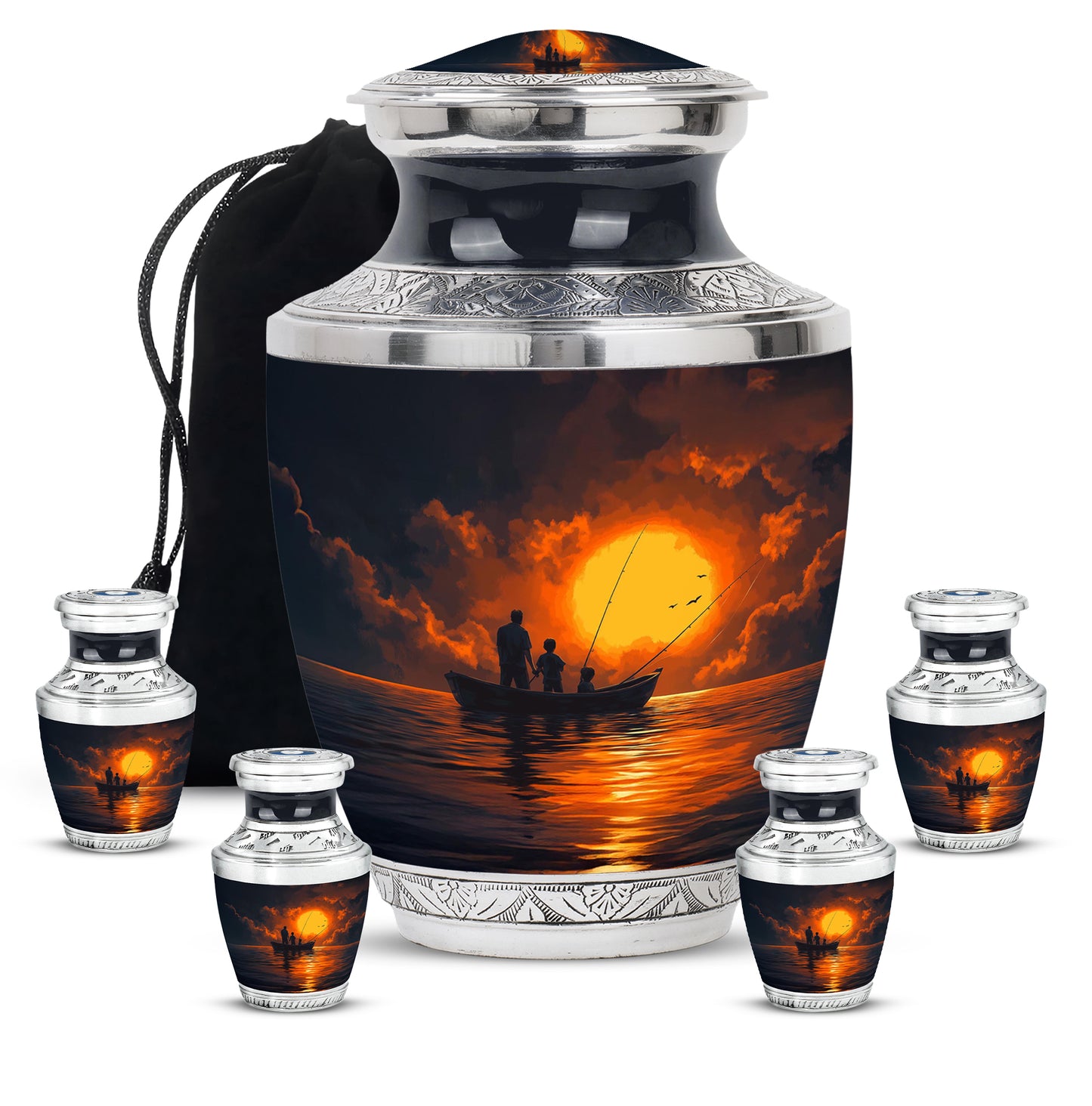 Royal Blue Fishing Cremation Urn lifestyle display on memorial shelf - artistic fishing interpretation with creative detail - memorial set with one large and four small urns