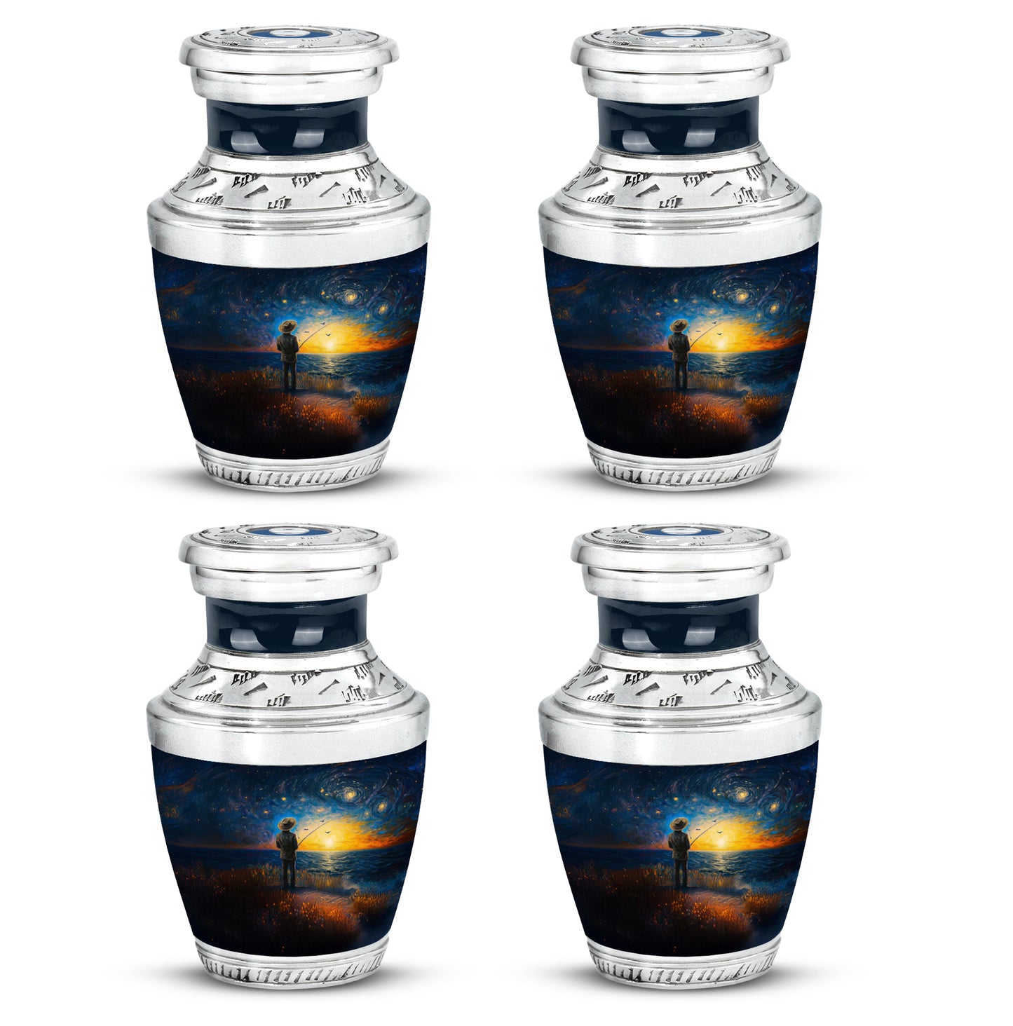 Azure Fishing Cremation Urn back view with polished surface - contemporary fishing design with modern artistic flair - 10 inch aluminum urn for cremated remains