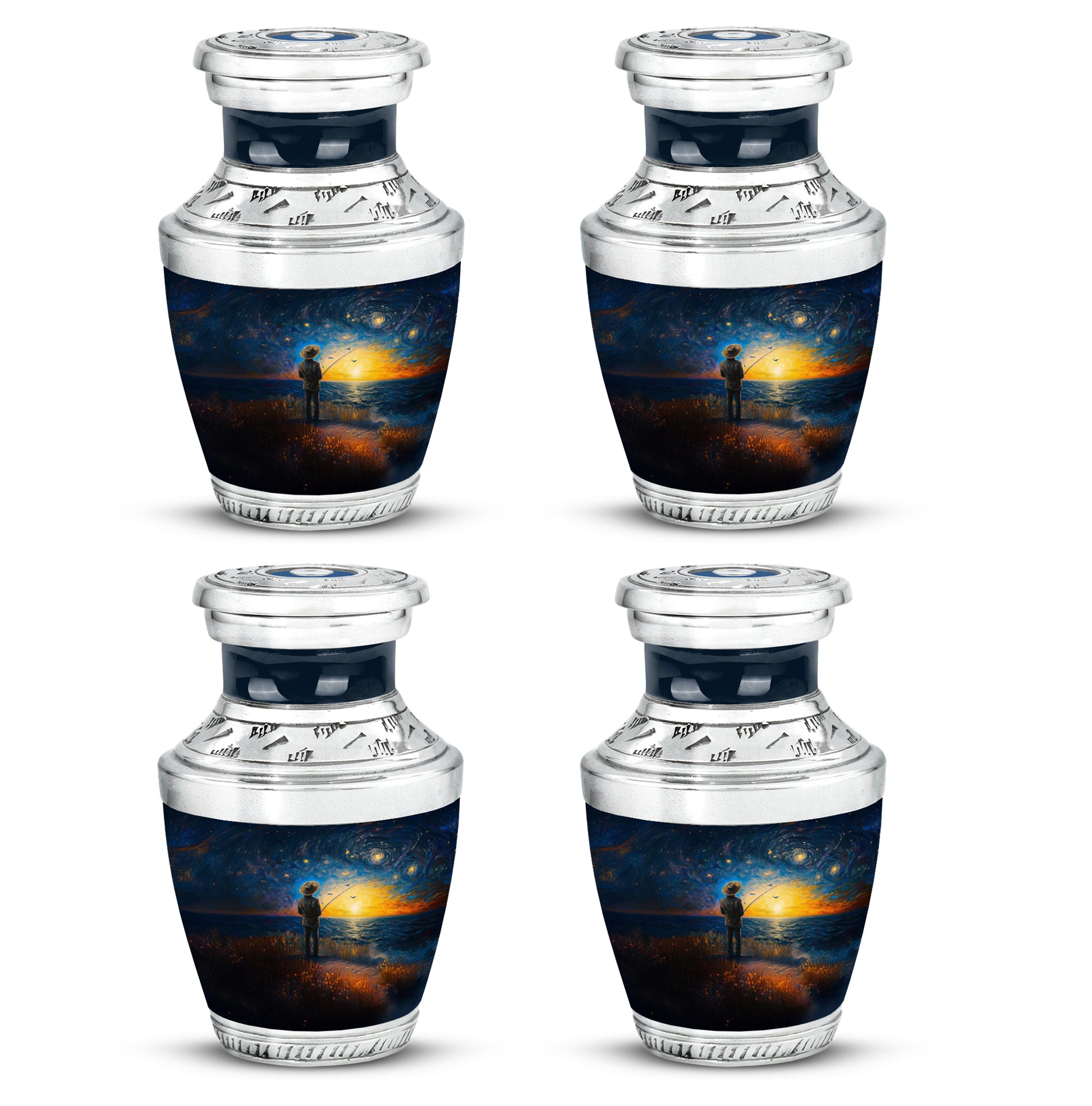 Azure Fishing Cremation Urn back view with polished surface - contemporary fishing design with modern artistic flair - 10 inch aluminum urn for cremated remains