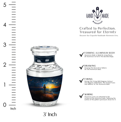 Sapphire Blue Fishing Cremation Urn top-down view of secure threaded lid - stylized abstract fishing pattern with bold lines - mini keepsake memorial for portion of cremation ashes