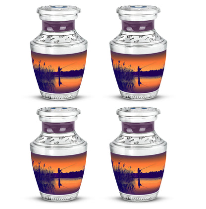 Sunrise Gold Fishing Cremation Urn back view with polished surface - modern art-inspired fishing motif on sleek aluminum - 10 inch aluminum urn for cremated remains