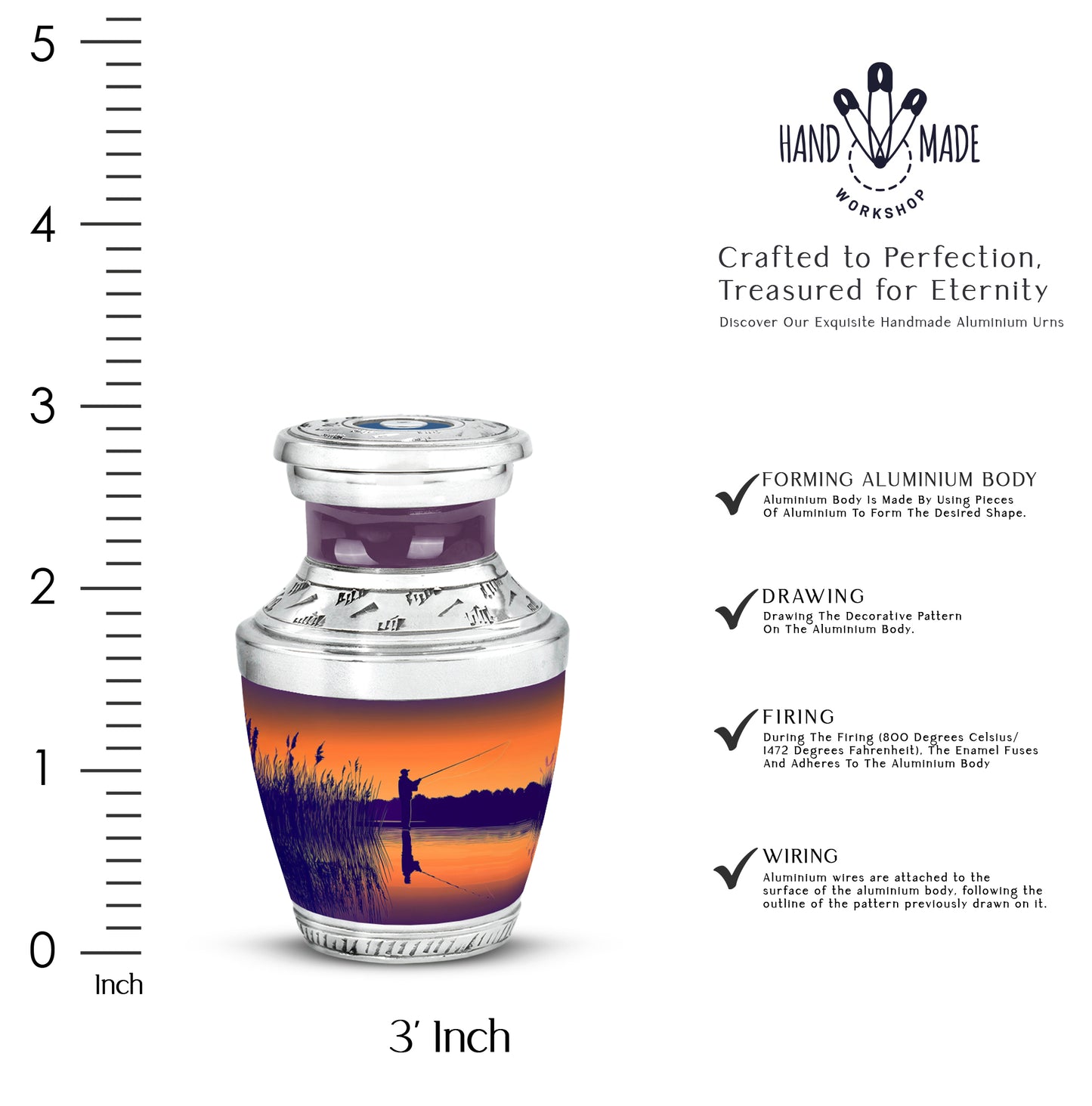 Harvest Gold Fishing Cremation Urn top-down view of secure threaded lid - stylized abstract fishing pattern with bold lines - mini keepsake memorial for portion of cremation ashes