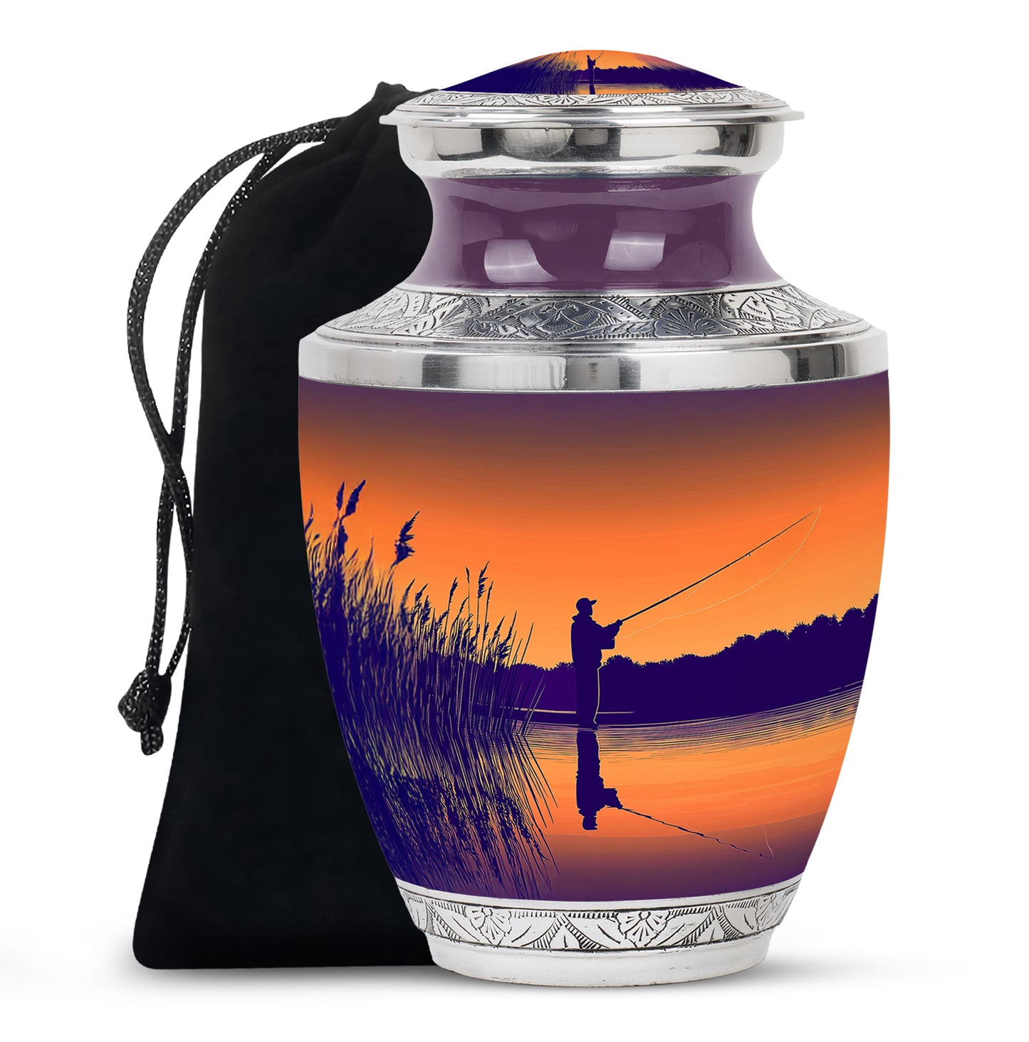 Burnished Gold Fishing Cremation Urn side profile showing urn shape - artistic fishing interpretation with creative detail - full-size 10 inch 200 cubic inch adult cremation urn
