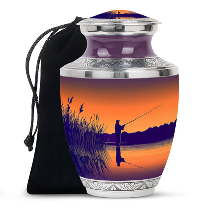 Burnished Gold Fishing Cremation Urn side profile showing urn shape - artistic fishing interpretation with creative detail - full-size 10 inch 200 cubic inch adult cremation urn