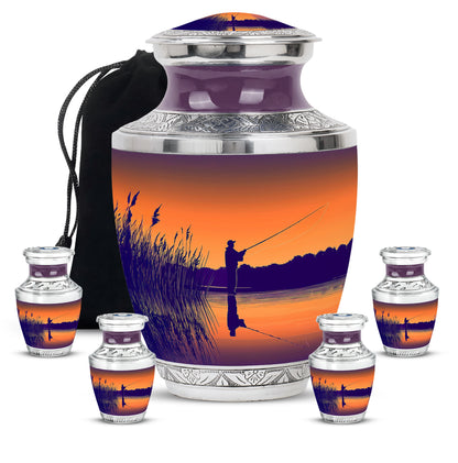 Amber Gold Fishing Cremation Urn lifestyle display on memorial shelf - contemporary fishing design with modern artistic flair - memorial set with one large and four small urns