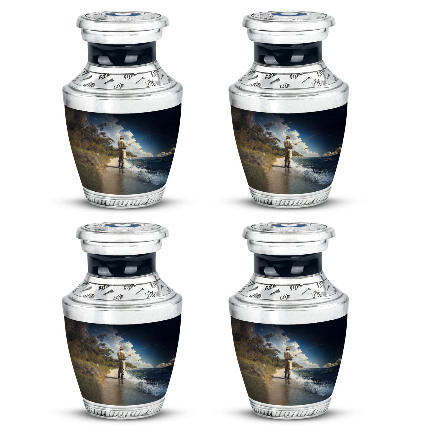 Cornflower Blue Fishing Cremation Urn back view with polished surface - stylized abstract fishing pattern with bold lines - 10 inch aluminum urn for cremated remains