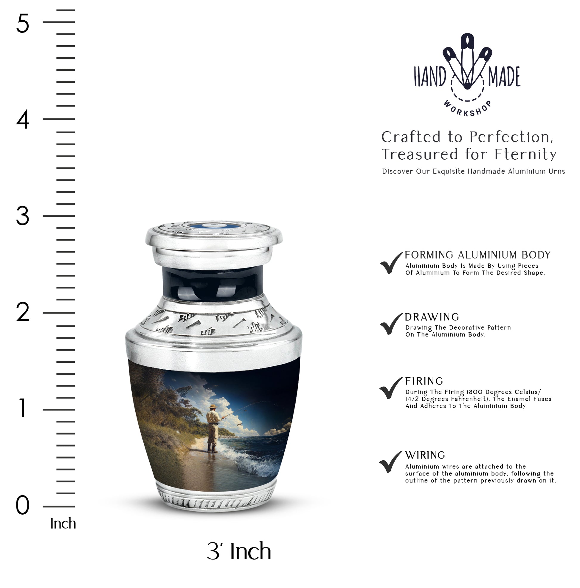 Icy Blue Fishing Cremation Urn top-down view of secure threaded lid - modern art-inspired fishing motif on sleek aluminum - mini keepsake memorial for portion of cremation ashes
