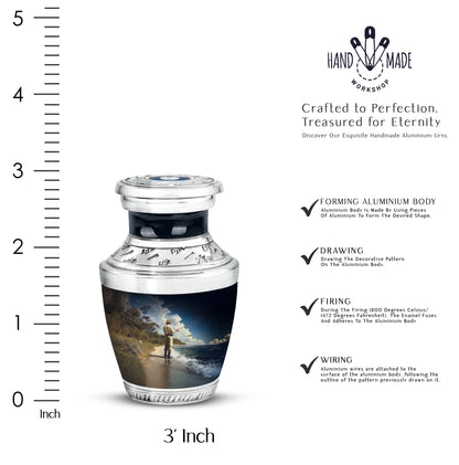 Icy Blue Fishing Cremation Urn top-down view of secure threaded lid - modern art-inspired fishing motif on sleek aluminum - mini keepsake memorial for portion of cremation ashes