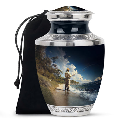 Calming Blue Fishing Cremation Urn side profile showing urn shape - artistic fishing interpretation with creative detail - full-size 10 inch 200 cubic inch adult cremation urn