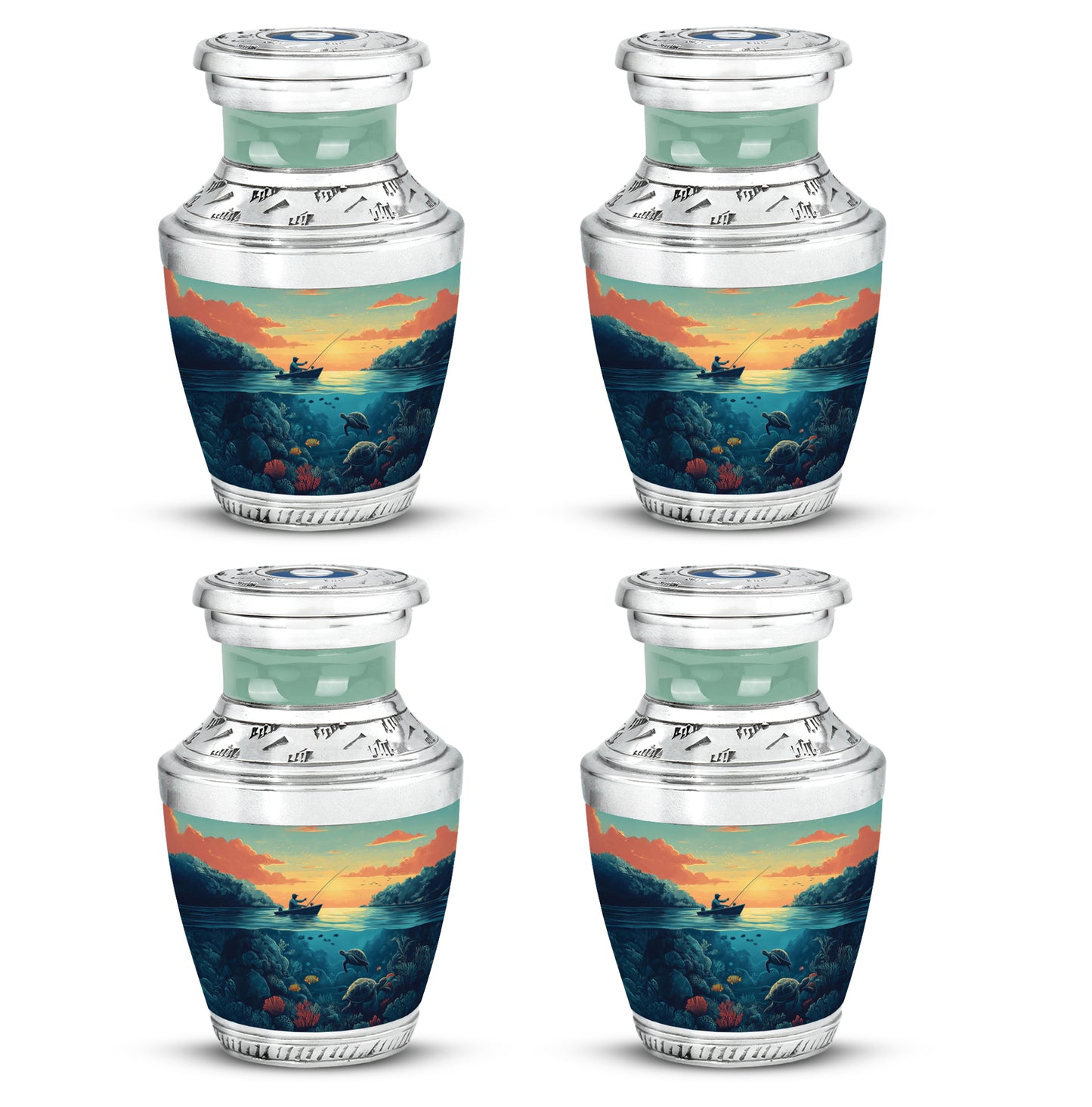 Jade Green Fishing Cremation Urn back view with polished surface - contemporary fishing design with modern artistic flair - 10 inch aluminum urn for cremated remains