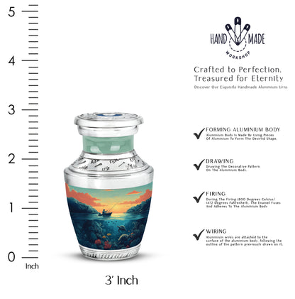 Moss Green Fishing Cremation Urn top-down view of secure threaded lid - contemporary fishing design with modern artistic flair - mini keepsake memorial for portion of cremation ashes