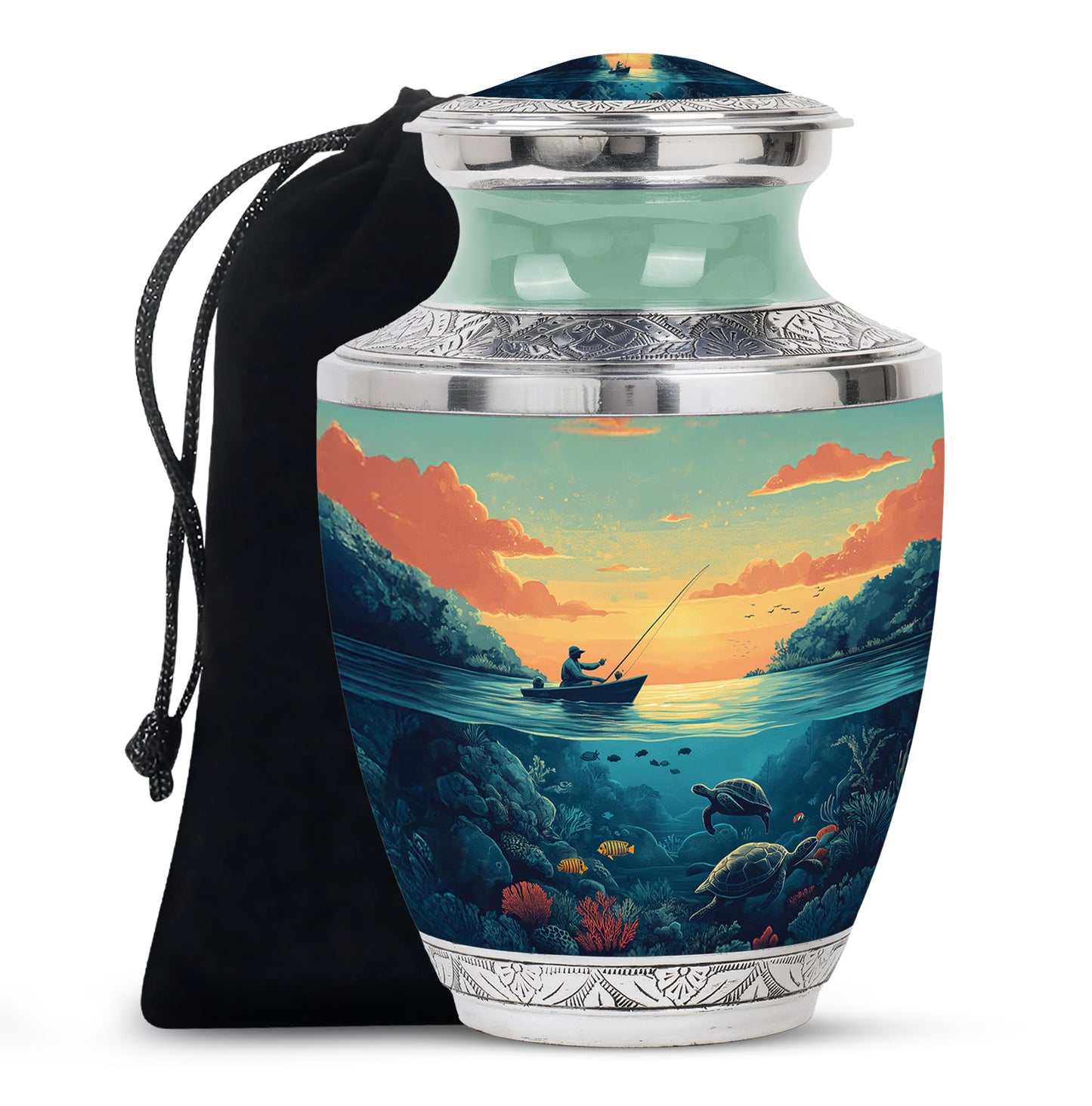 Forest Green Fishing Cremation Urn side profile showing urn shape - stylized abstract fishing pattern with bold lines - full-size 10 inch 200 cubic inch adult cremation urn