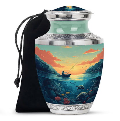 Forest Green Fishing Cremation Urn side profile showing urn shape - stylized abstract fishing pattern with bold lines - full-size 10 inch 200 cubic inch adult cremation urn
