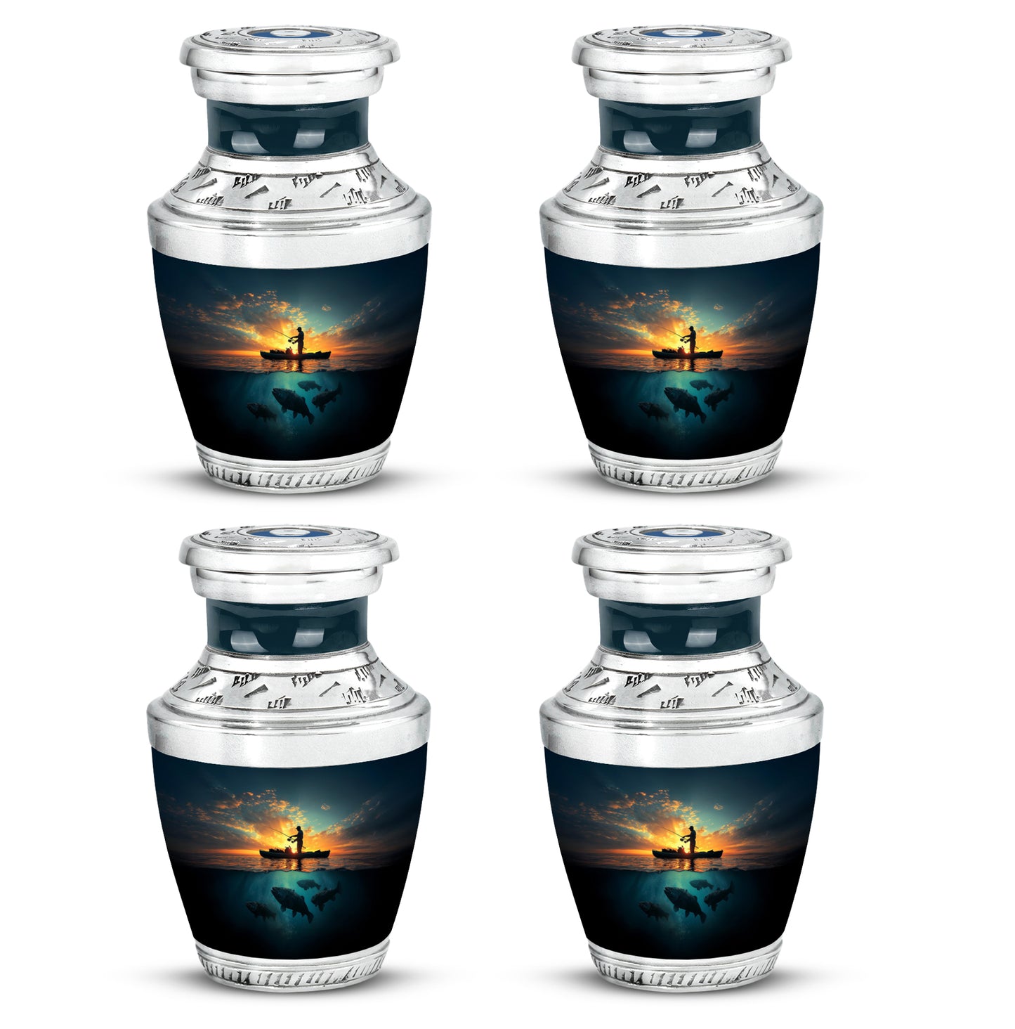 Dusty Blue Fishing Cremation Urn back view with polished surface - contemporary fishing design with modern artistic flair - 10 inch aluminum urn for cremated remains