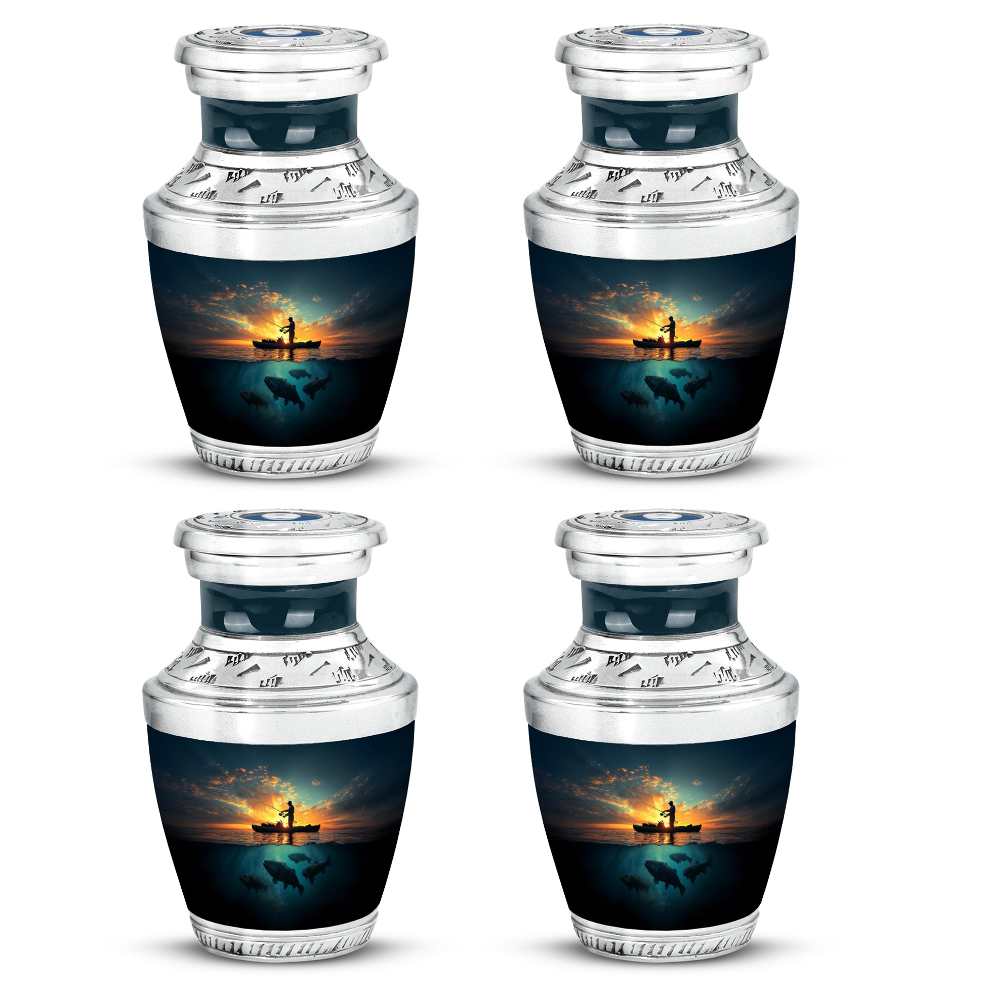 Dusty Blue Fishing Cremation Urn back view with polished surface - contemporary fishing design with modern artistic flair - 10 inch aluminum urn for cremated remains