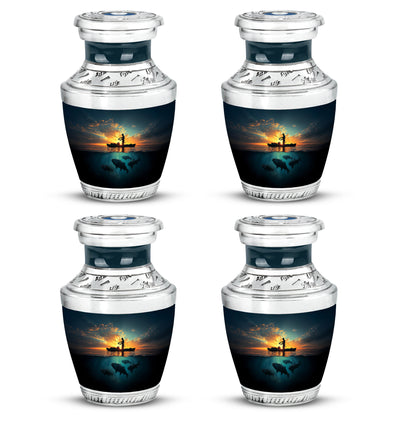 Dusty Blue Fishing Cremation Urn back view with polished surface - contemporary fishing design with modern artistic flair - 10 inch aluminum urn for cremated remains