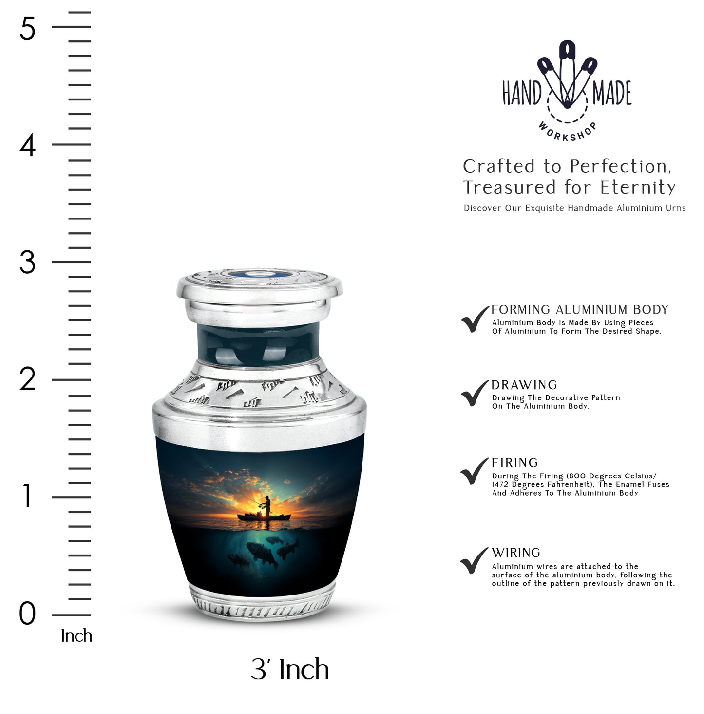 Cornflower Blue Fishing Cremation Urn top-down view of secure threaded lid - stylized abstract fishing pattern with bold lines - mini keepsake memorial for portion of cremation ashes