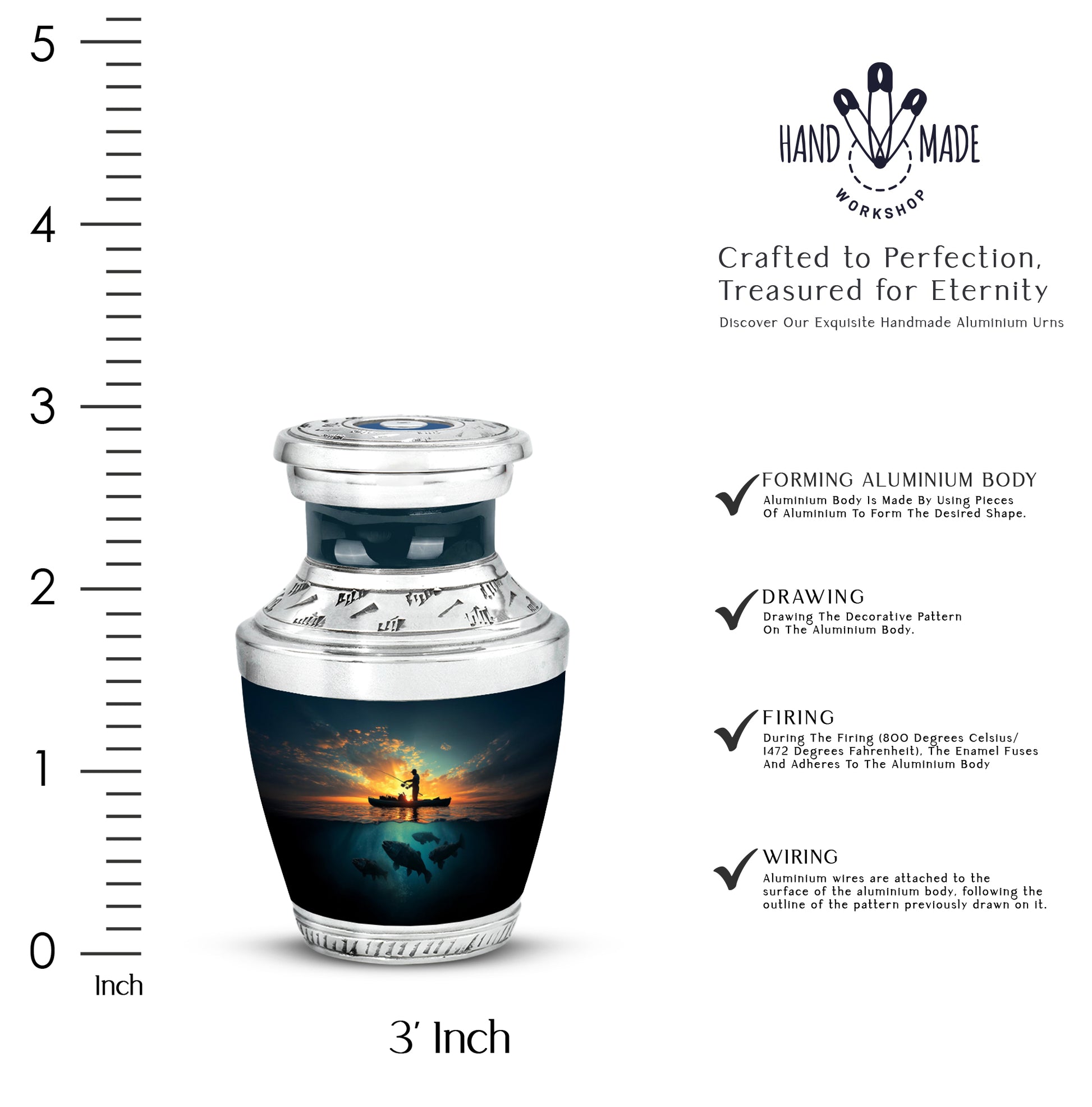 Cornflower Blue Fishing Cremation Urn top-down view of secure threaded lid - stylized abstract fishing pattern with bold lines - mini keepsake memorial for portion of cremation ashes