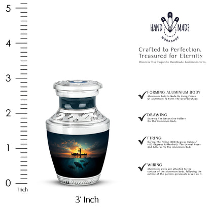 Cornflower Blue Fishing Cremation Urn top-down view of secure threaded lid - stylized abstract fishing pattern with bold lines - mini keepsake memorial for portion of cremation ashes