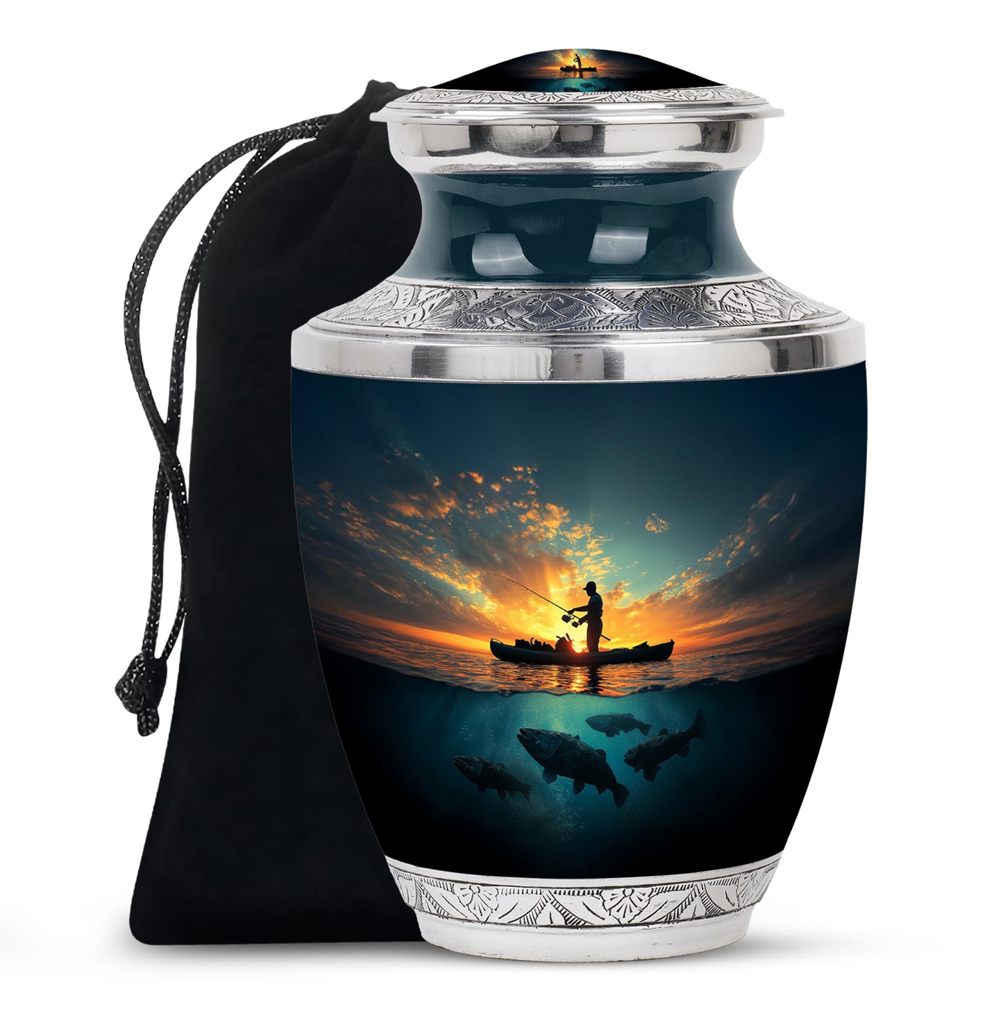 Azure Fishing Cremation Urn side profile showing urn shape - modern art-inspired fishing motif on sleek aluminum - full-size 10 inch 200 cubic inch adult cremation urn