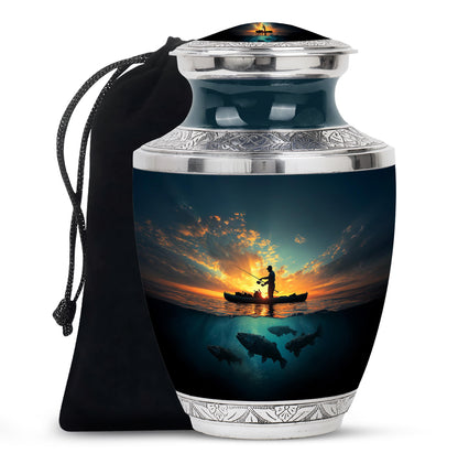 Azure Fishing Cremation Urn side profile showing urn shape - modern art-inspired fishing motif on sleek aluminum - full-size 10 inch 200 cubic inch adult cremation urn