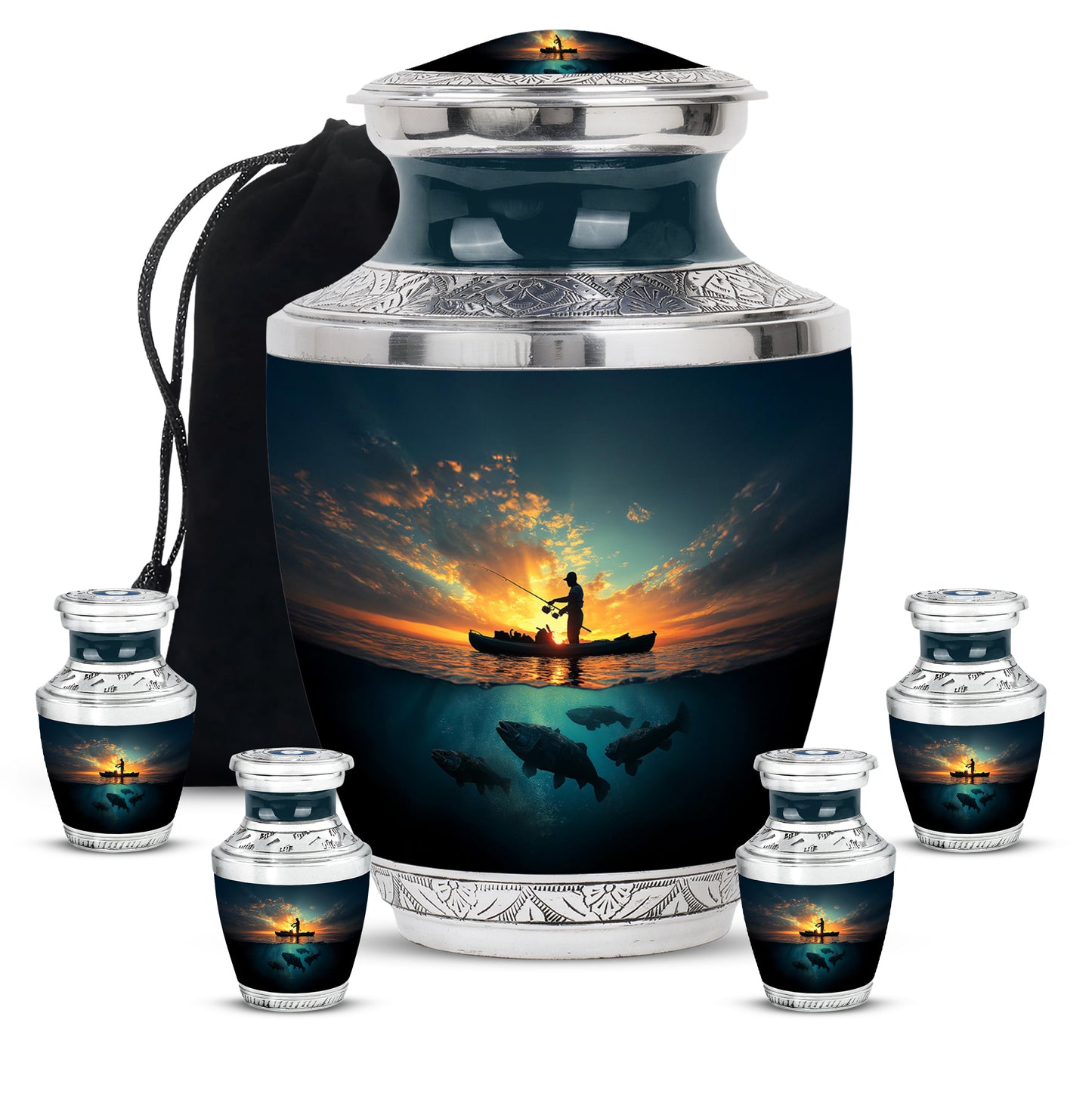 Twilight Blue Fishing Cremation Urn lifestyle display on memorial shelf - stylized abstract fishing pattern with bold lines - memorial set with one large and four small urns