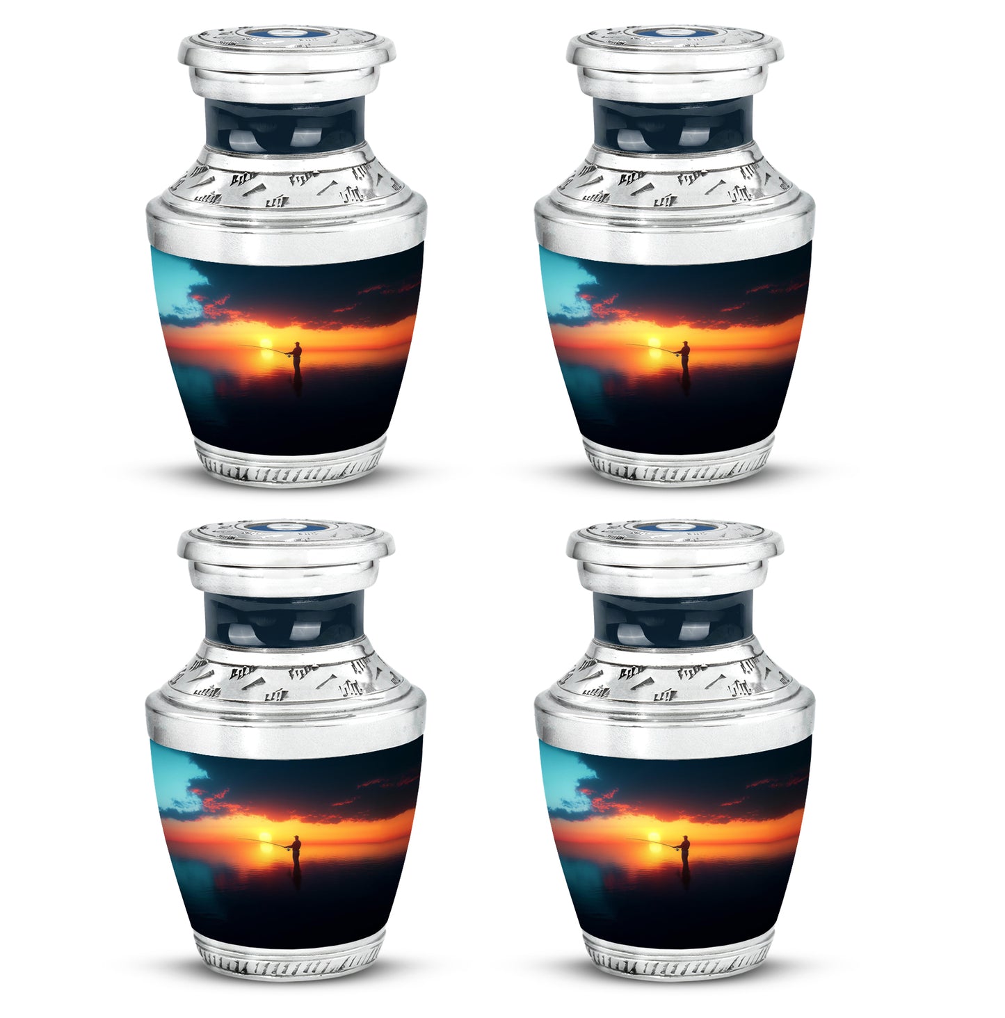 Indigo Fishing Cremation Urn back view with polished surface - modern art-inspired fishing motif on sleek aluminum - 10 inch aluminum urn for cremated remains