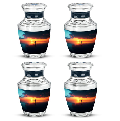 Indigo Fishing Cremation Urn back view with polished surface - modern art-inspired fishing motif on sleek aluminum - 10 inch aluminum urn for cremated remains