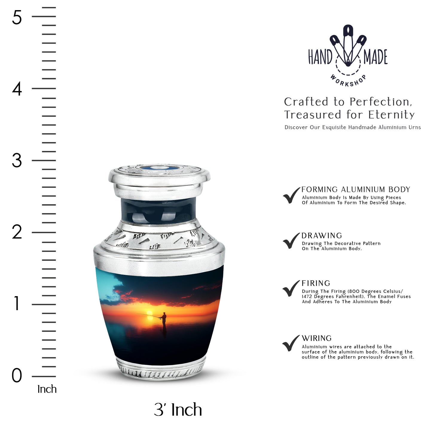 Icy Blue Fishing Cremation Urn top-down view of secure threaded lid - modern art-inspired fishing motif on sleek aluminum - mini keepsake memorial for portion of cremation ashes