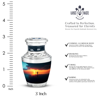 Icy Blue Fishing Cremation Urn top-down view of secure threaded lid - modern art-inspired fishing motif on sleek aluminum - mini keepsake memorial for portion of cremation ashes
