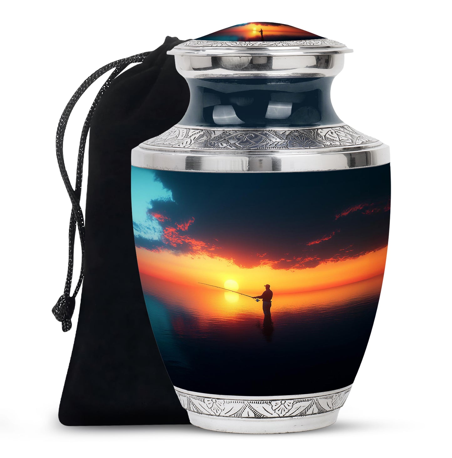 Cobalt Blue Fishing Cremation Urn side profile showing urn shape - artistic fishing interpretation with creative detail - full-size 10 inch 200 cubic inch adult cremation urn