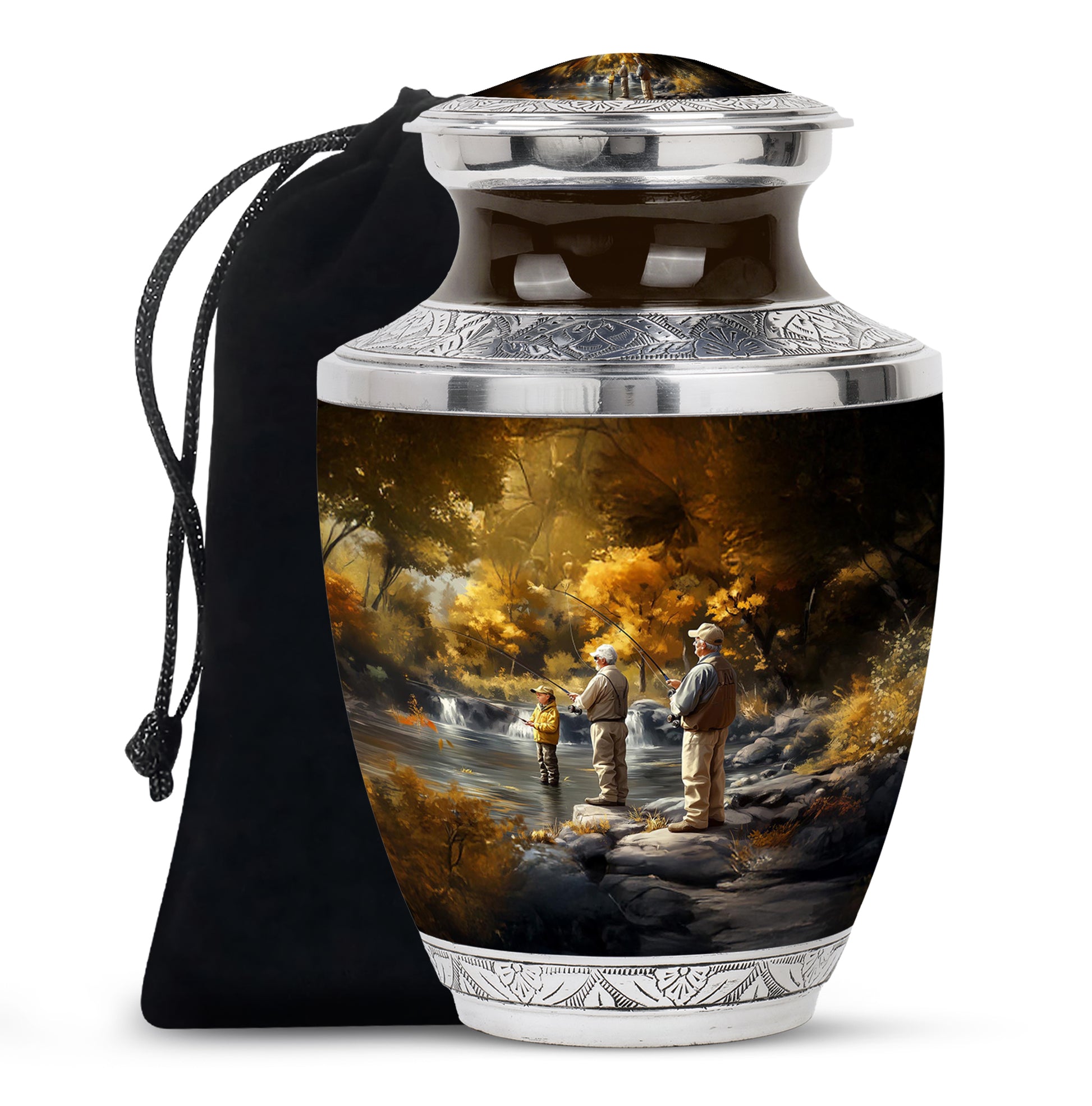 Amber Gold Fishing Cremation Urn side profile showing urn shape - contemporary fishing design with modern artistic flair - full-size 10 inch 200 cubic inch adult cremation urn