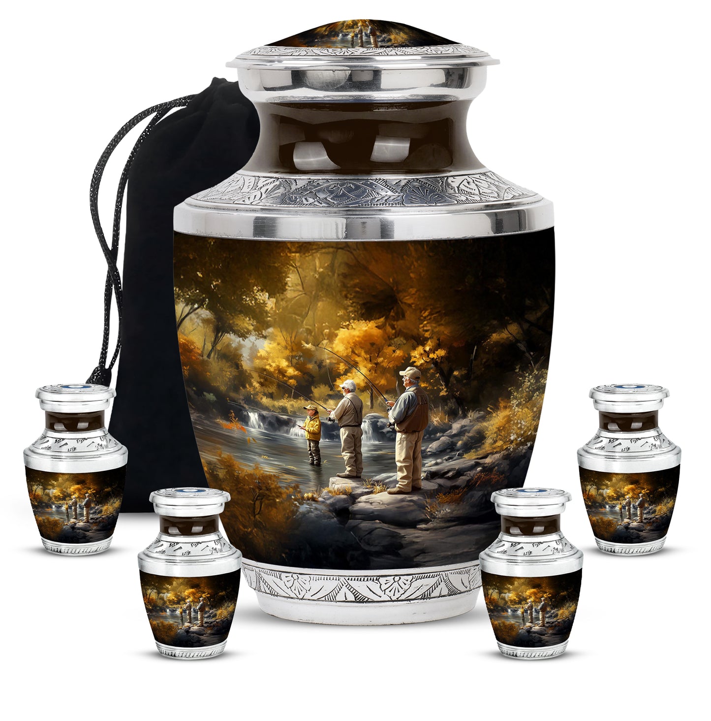 Amber Gold Fishing Cremation Urn lifestyle display on memorial shelf - contemporary fishing design with modern artistic flair - memorial set with one large and four small urns