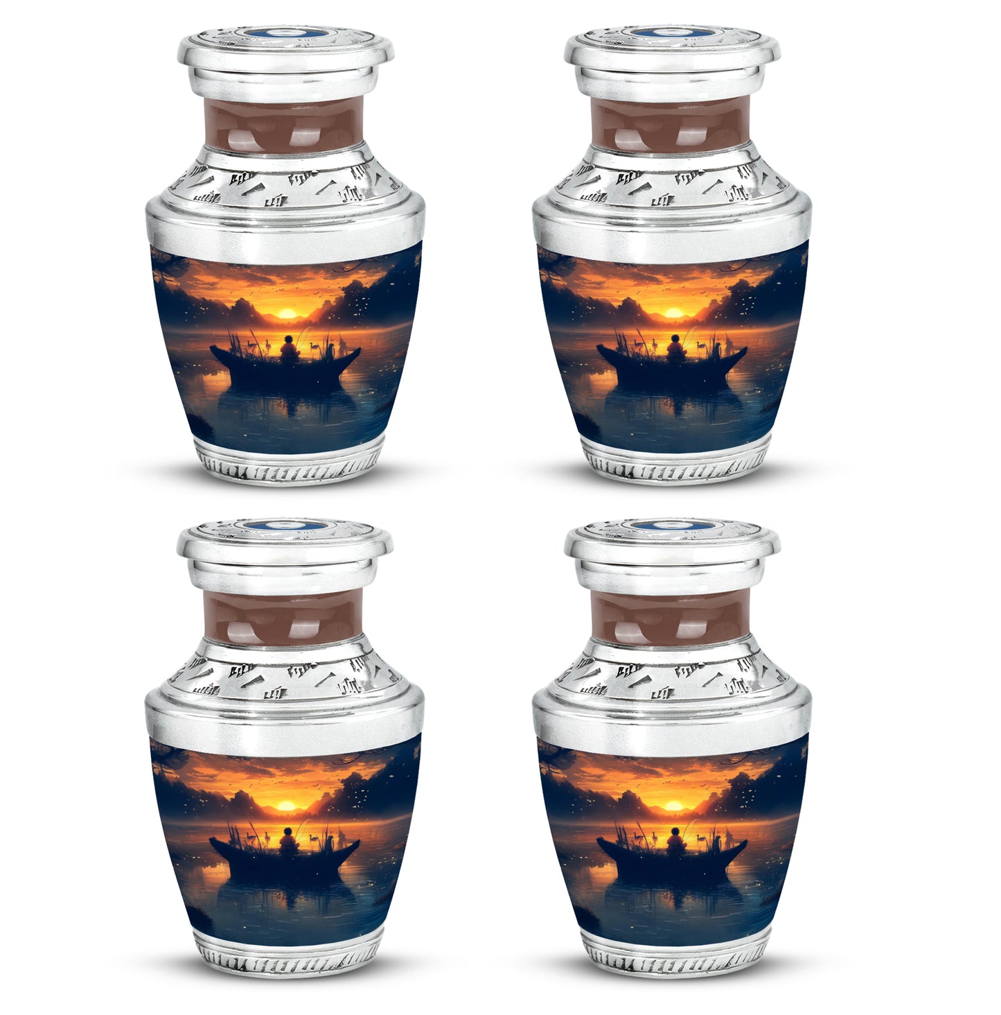 Burnished Gold Fishing Cremation Urn back view with polished surface - artistic fishing interpretation with creative detail - 10 inch aluminum urn for cremated remains